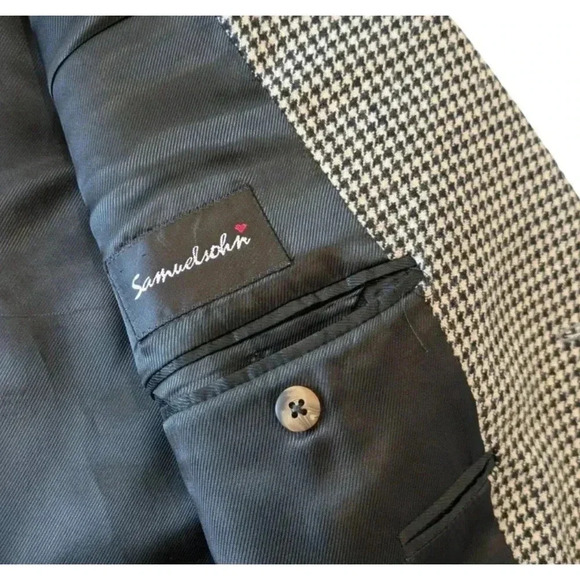 Samuelsohn Black Cream Houndstooth 100% Cashmere Blazer Sport Jacket Size 46 L - Picture 4 of 12